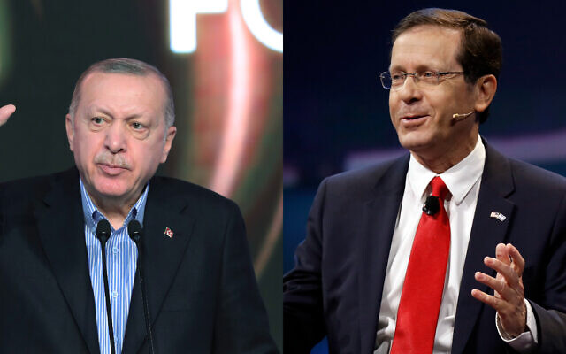Turkish President Recep Tayyip Erdogan (left) and President Isaac Herzog (right). (AP)
