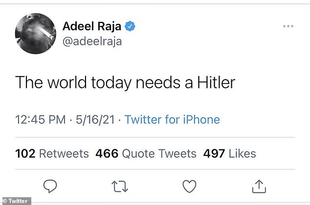 On Sunday, he came under fire for tweeting 'The world today needs a Hitler,' seemingly in response to the ongoing conflict between Israel and Palestine