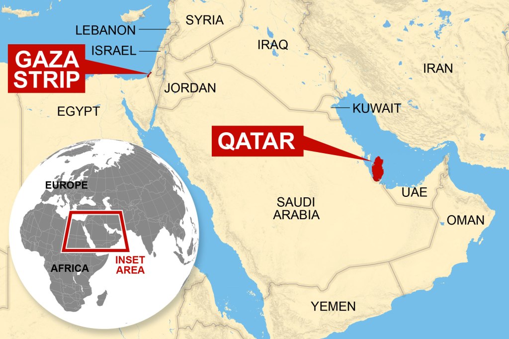 A map showing where Qatar and the Gaza Strip are in the Middle East