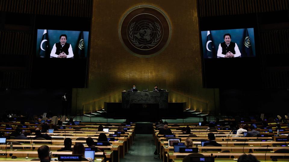 Prime Minister from the Islamic Republic of Pakistan Imran Khan addresses via prerecorded video thethe General Debate of the 76th session of the United Nations General Assembly at UN headquarters in New York  on September 24, 2021.